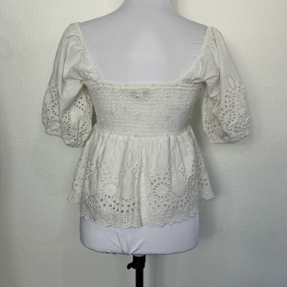 Walter‎ Baker Top Eyelet Blouse White Puff Sleeve Empire Waist Size S - Picture 2 of 10
